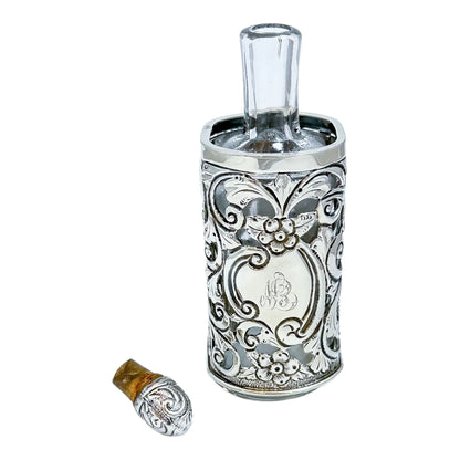 Large Victorian glass perfume scent bottle in Art Nouveau sterling silver pierced sleeve