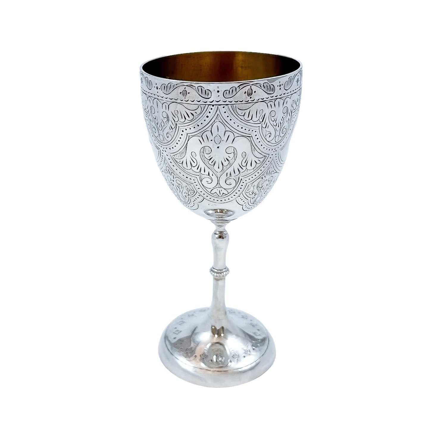 Mid-Victorian sterling silver chalice with arabesque motif, inscribed "Suzanne"