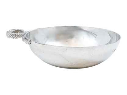 Elizabeth II sterling silver wine taster / sommelier cup with twin serpent handle