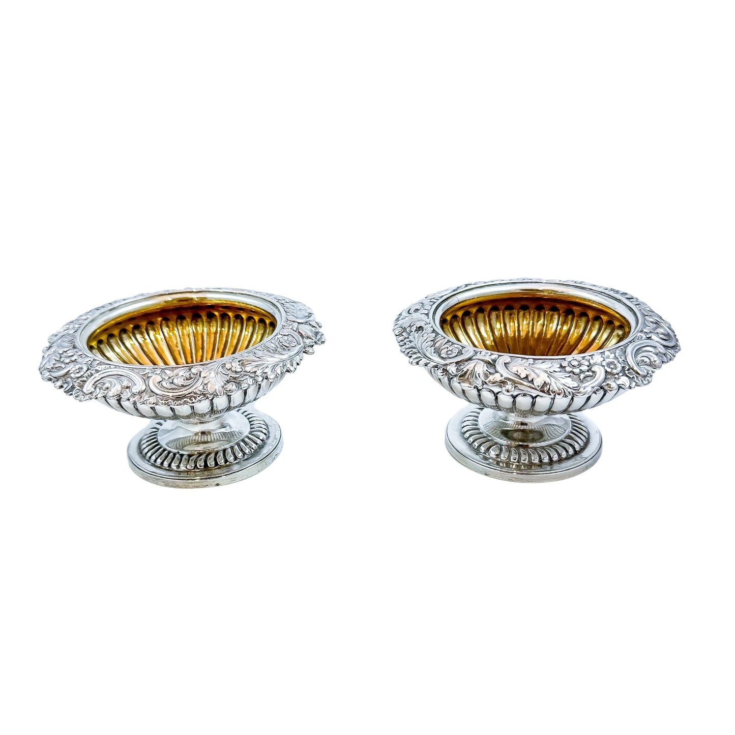 Pair of George III sterling silver gilt pedestal open salts, Rebecca Emes (rare woman silversmith)