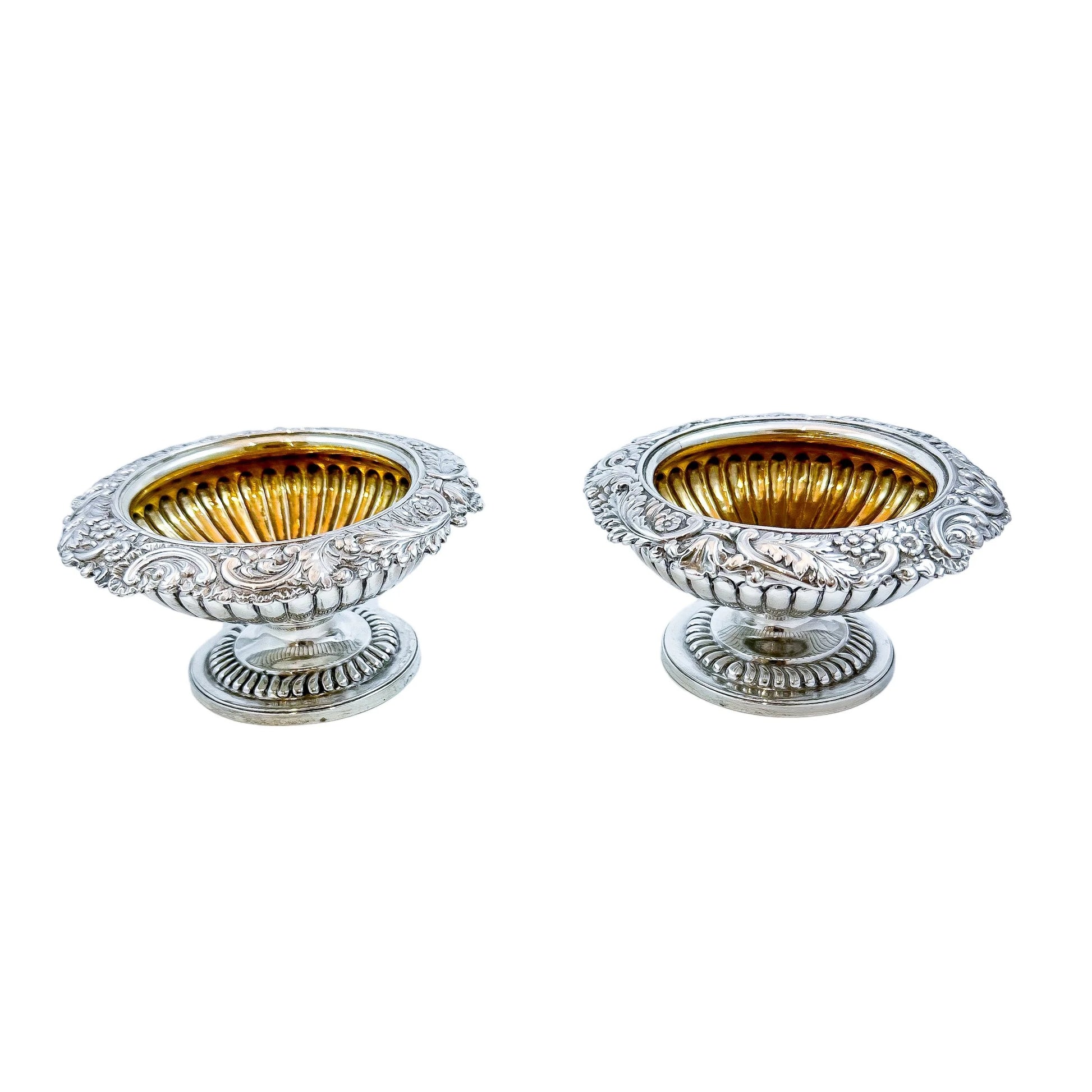Pair of George III sterling silver gilt pedestal open salts, Rebecca Emes (rare woman silversmith)