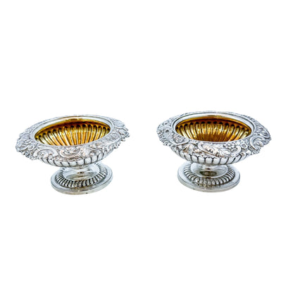 Pair of George III sterling silver gilt pedestal open salts, Rebecca Emes (rare woman silversmith)