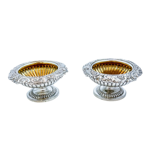 Pair of George III sterling silver gilt pedestal open salts, Rebecca Emes (rare woman silversmith)