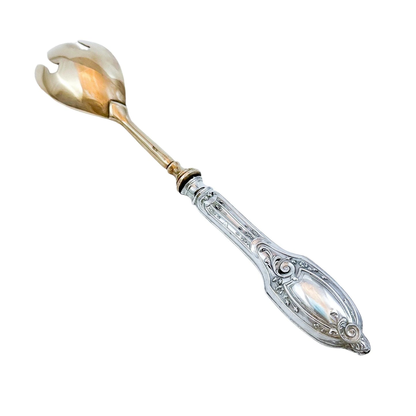 Cased 1940's Portuguese silver salad serving fork and spoon in original presentation box