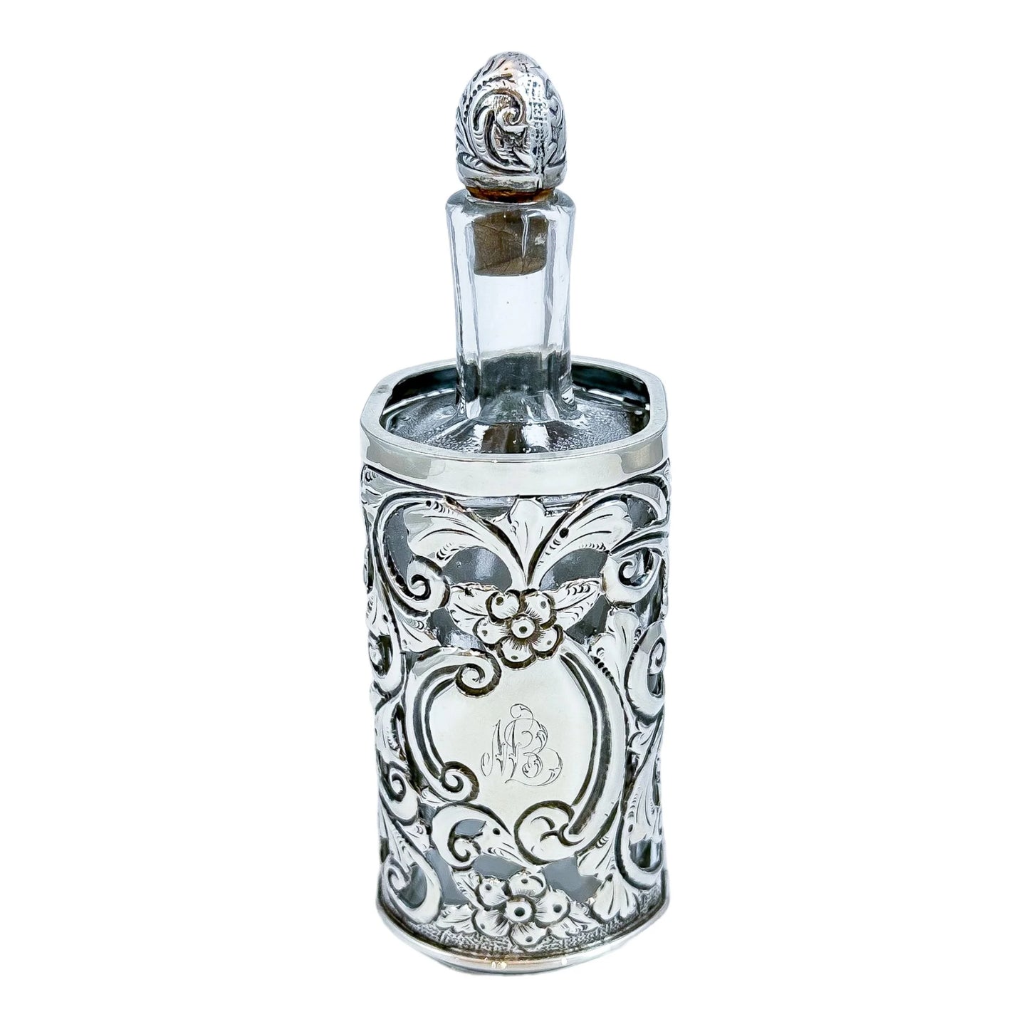 Large Victorian glass perfume scent bottle in Art Nouveau sterling silver pierced sleeve