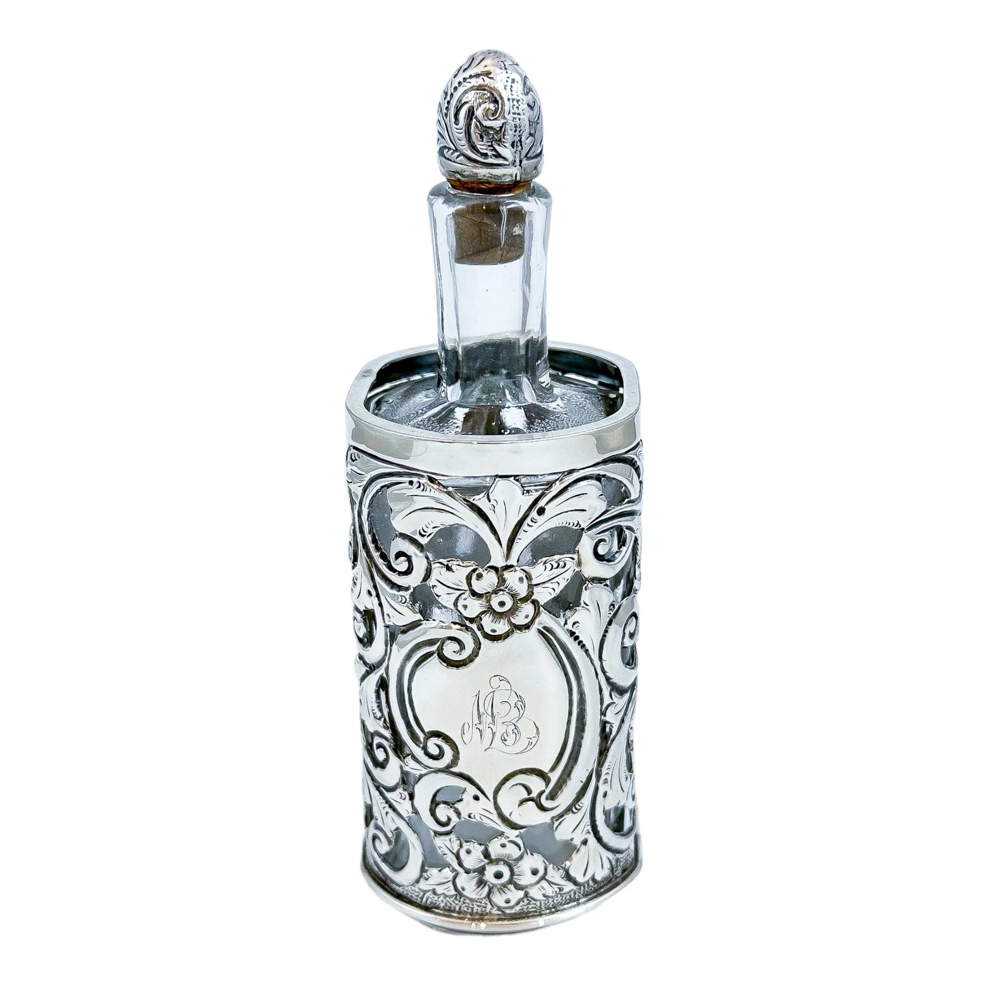 Large Victorian glass perfume scent bottle in Art Nouveau sterling silver pierced sleeve