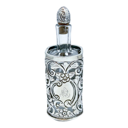 Large Victorian glass perfume scent bottle in Art Nouveau sterling silver pierced sleeve