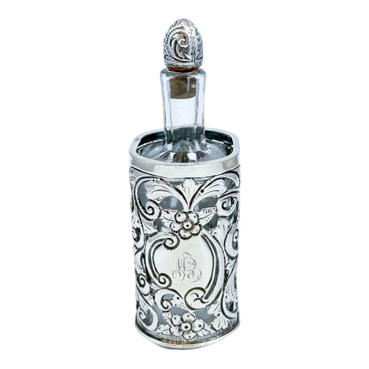 Large Victorian glass perfume scent bottle in Art Nouveau sterling silver pierced sleeve