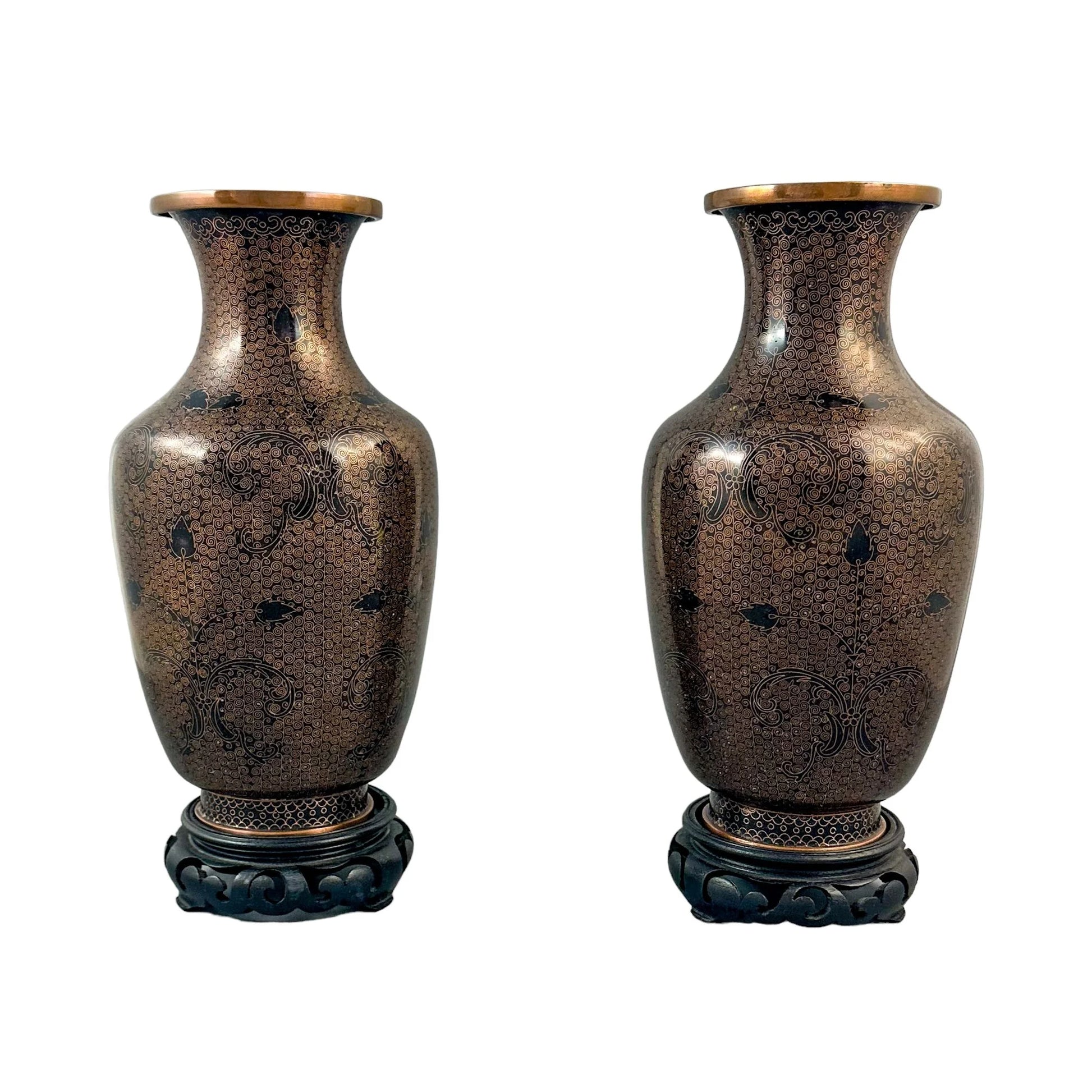 Chinese Qing dynasty pair black brass cloisonné enamel vases on stands