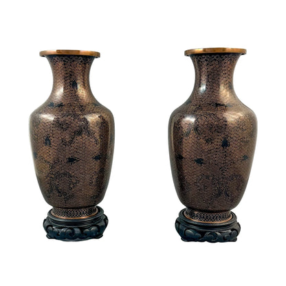 Chinese Qing dynasty pair black brass cloisonné enamel vases on stands