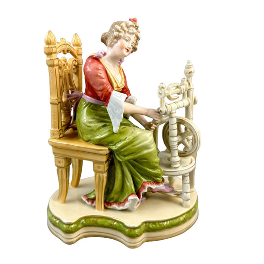 Sitzendorf porcelain figurine, "Woman at Spinning Wheel"