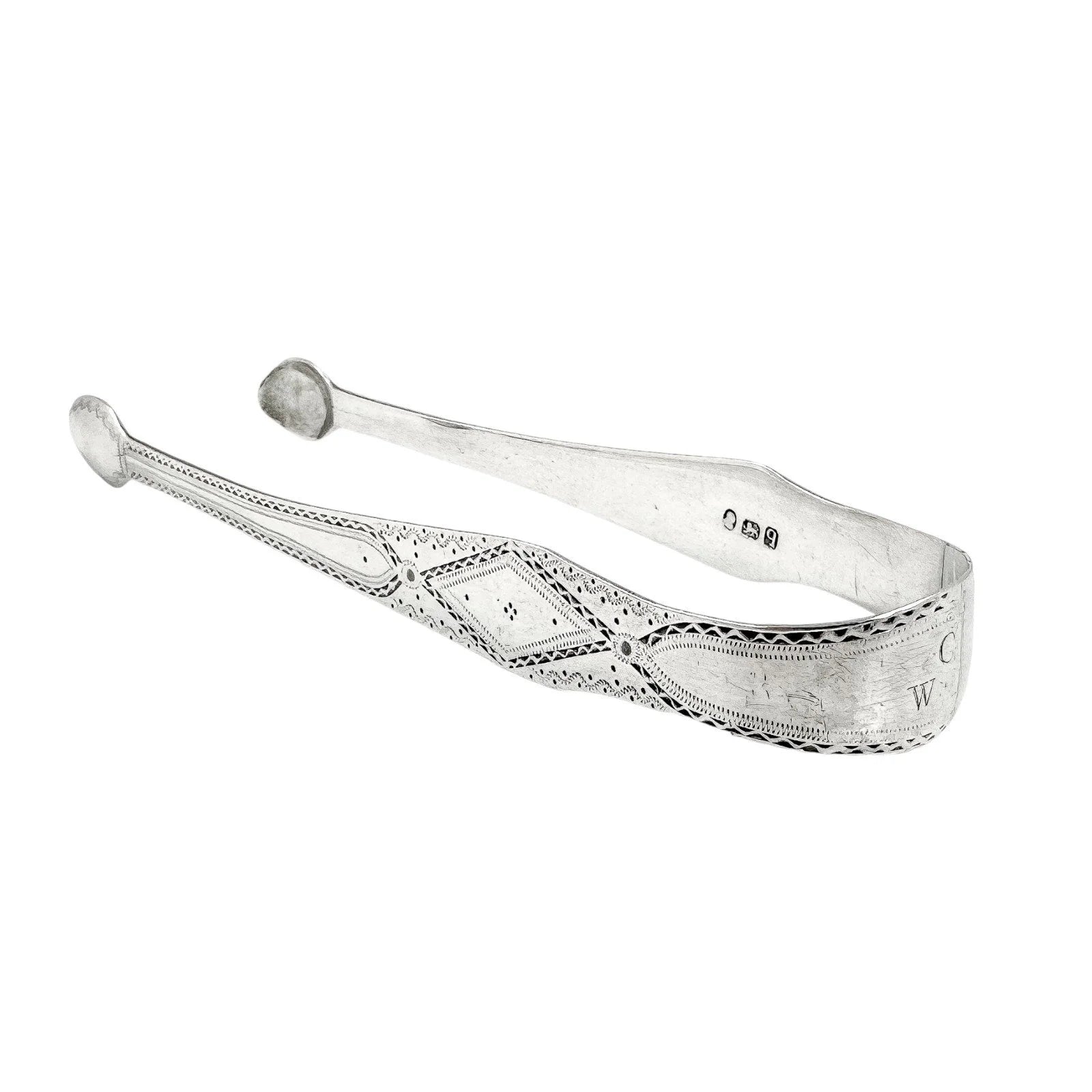 George III sterling silver bright cut sugar tongs
