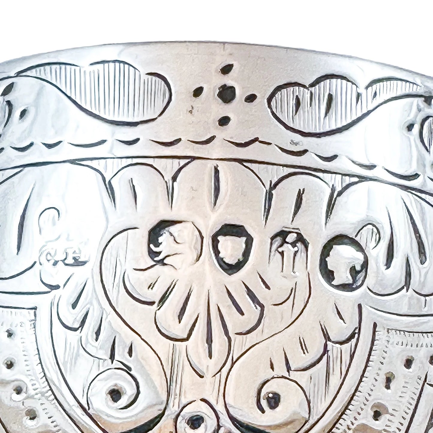 Mid-Victorian sterling silver chalice with arabesque motif, inscribed "Suzanne"