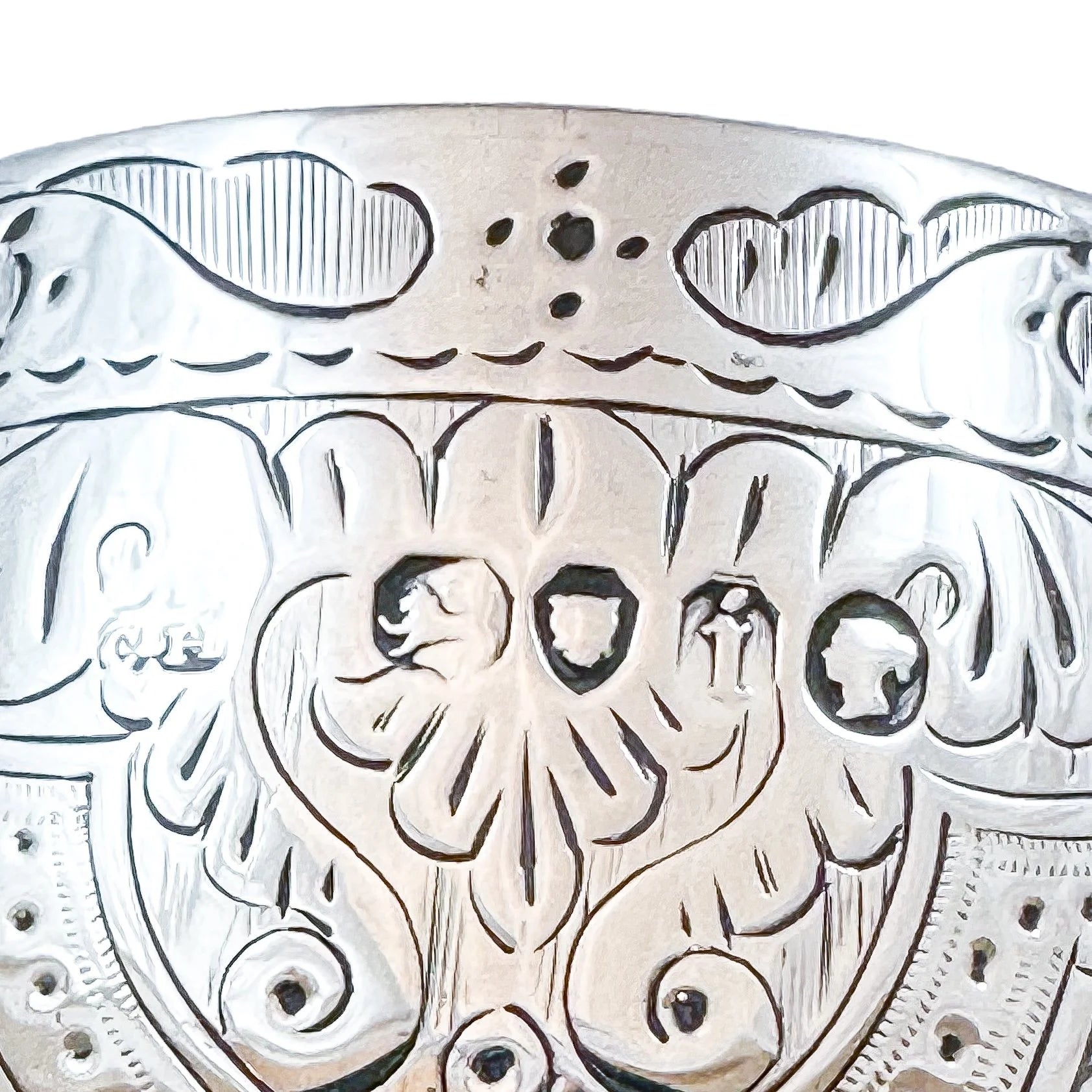 Mid-Victorian sterling silver chalice with arabesque motif, inscribed "Suzanne"