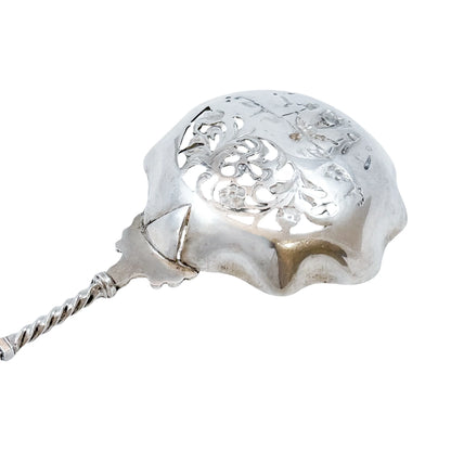 19th century Dutch silver tea strainer spoon with pastoral scene and windmill finial