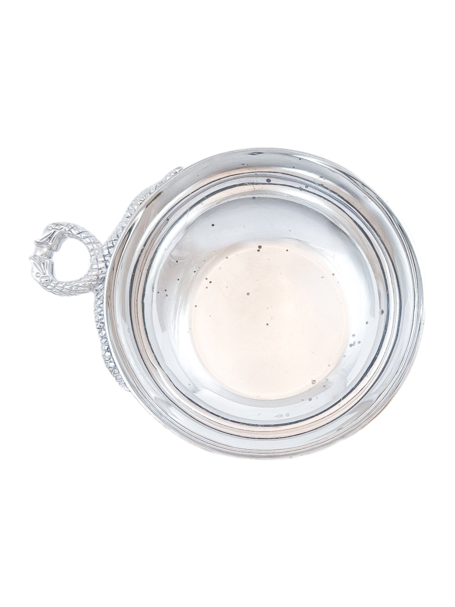 Elizabeth II sterling silver wine taster / sommelier cup with twin serpent handle