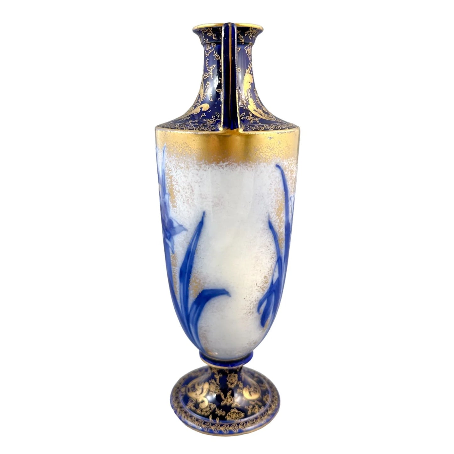Victorian Royal Doulton two handled Art Nouveau cobalt urn vase in Blue Daffodil pattern