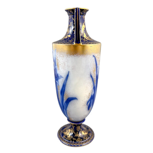 Victorian Royal Doulton two handled Art Nouveau cobalt urn vase in Blue Daffodil pattern