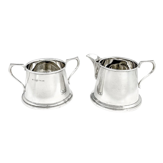 Edwardian sterling silver Art Deco sugar bowl and milk jug set, 1911