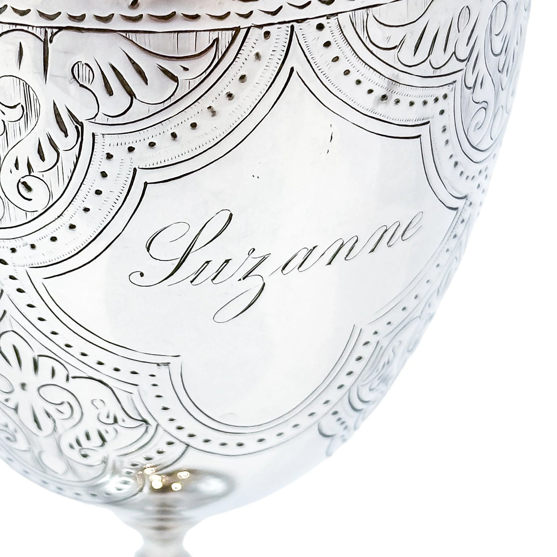 Mid-Victorian sterling silver chalice with arabesque motif, inscribed "Suzanne"