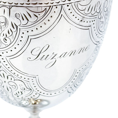 Mid-Victorian sterling silver chalice with arabesque motif, inscribed "Suzanne"