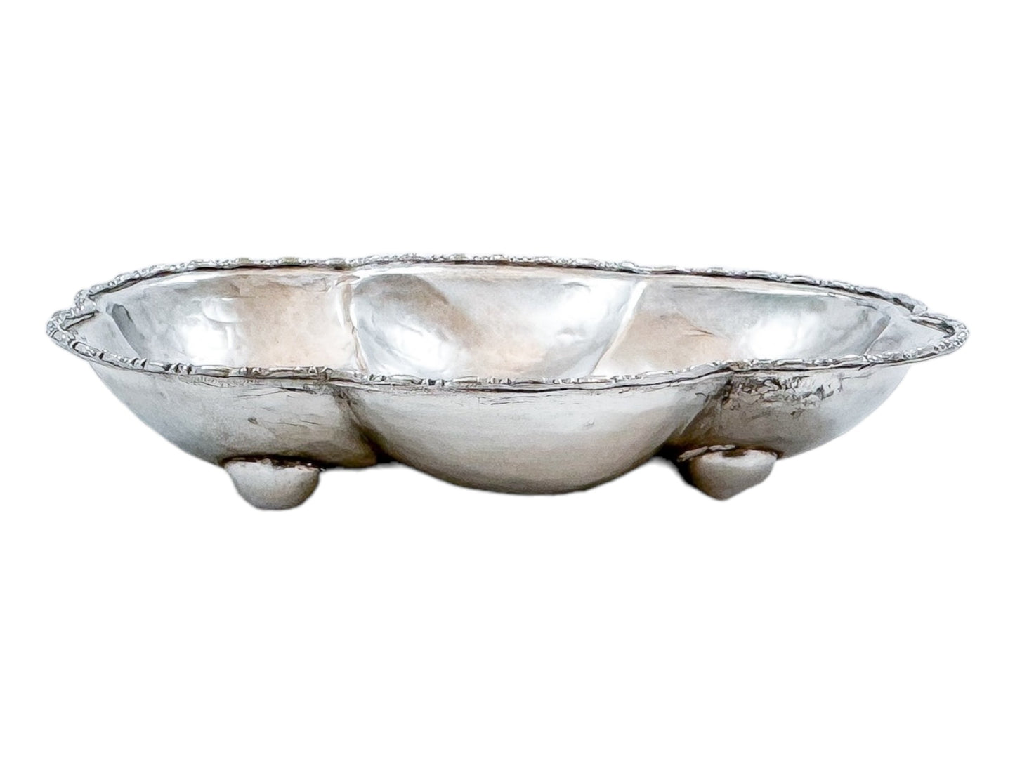 Victorian hand-hammered silver lobed hexagonal sweetmeat bowl / bonbon dish