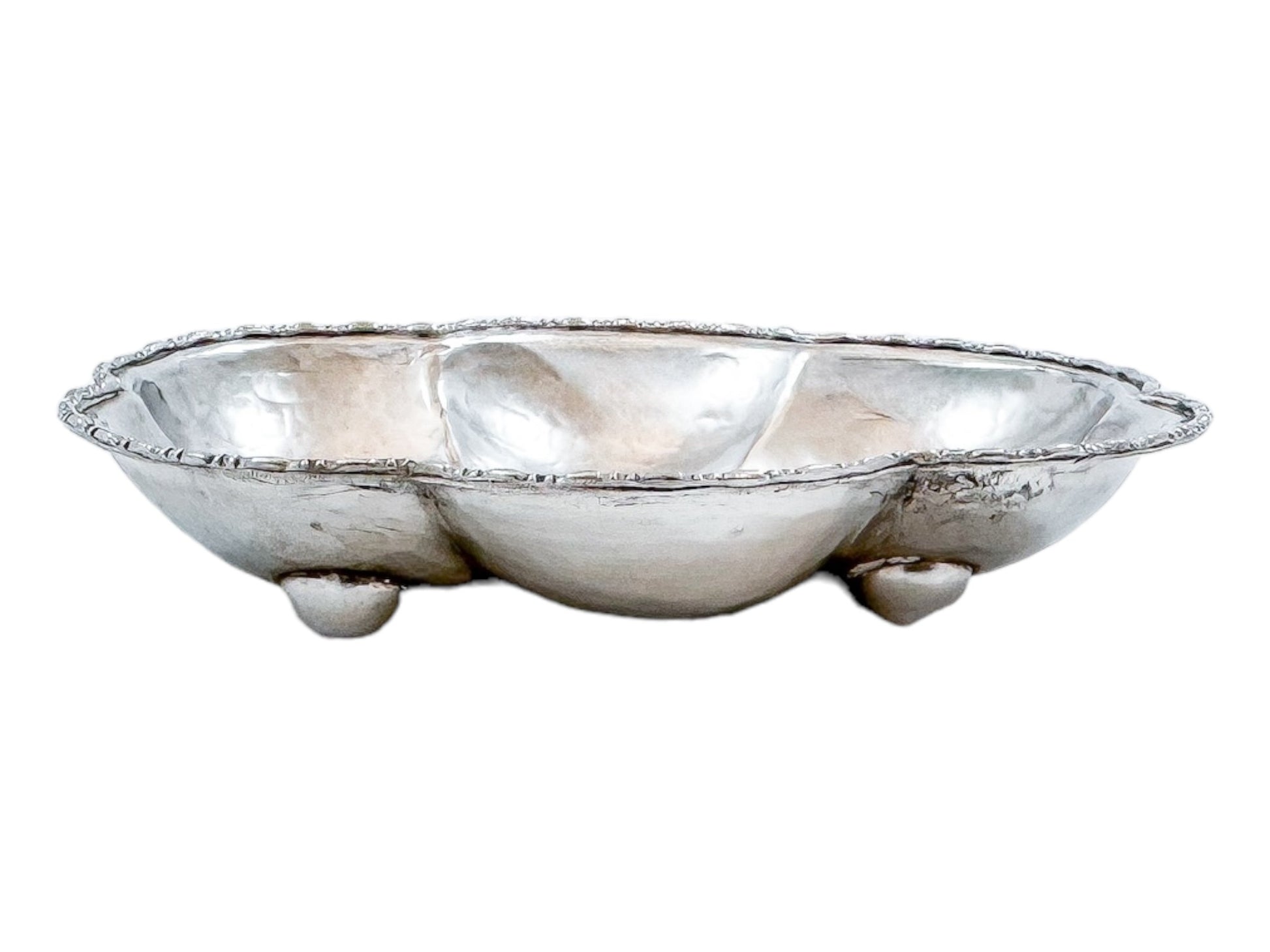 Victorian hand-hammered silver lobed hexagonal sweetmeat bowl / bonbon dish