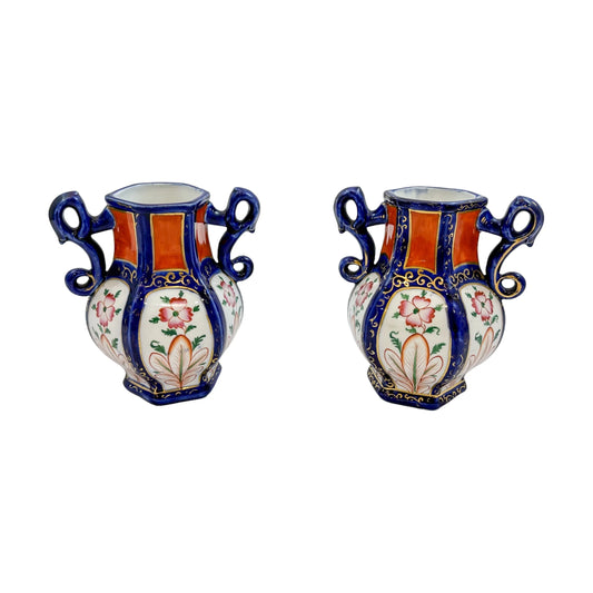 Georgian pair Mason's Ironstone pottery double handled baluster octagonal vases