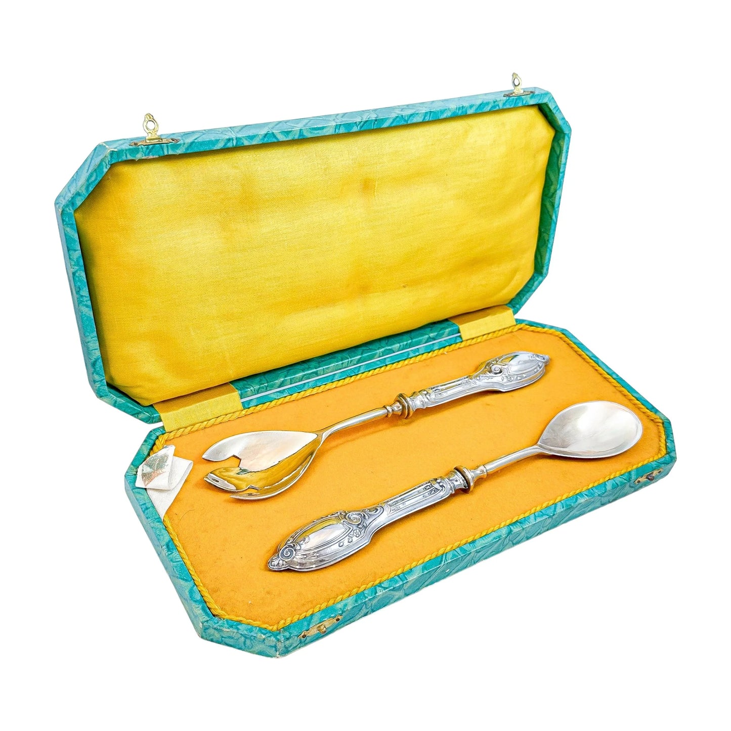 Cased 1940's Portuguese silver salad serving fork and spoon in original presentation box
