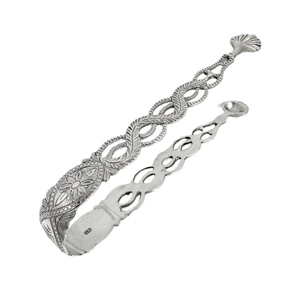 Large Victorian sterling silver sugar tongs with pierced ropework arms and shell terminals
