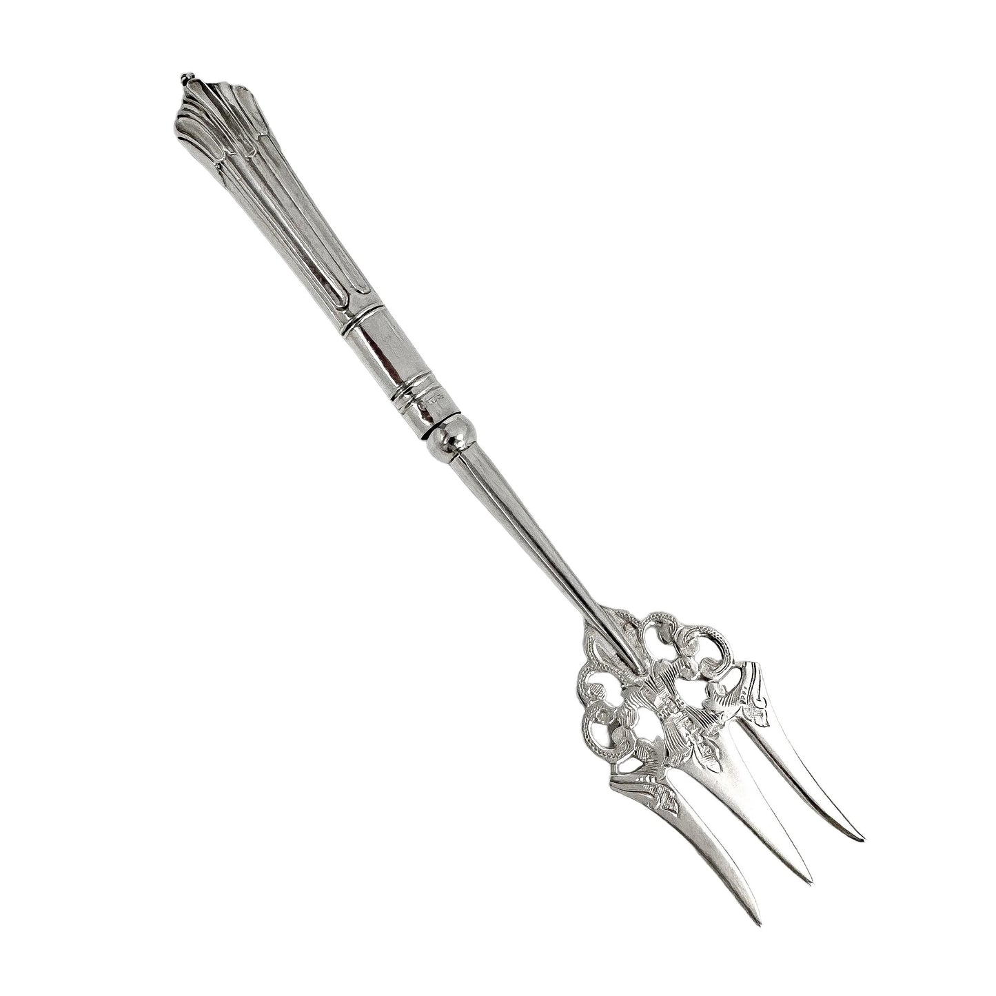 Large sterling silver Victorian bread toasting fork engraved in Art Nouveau design