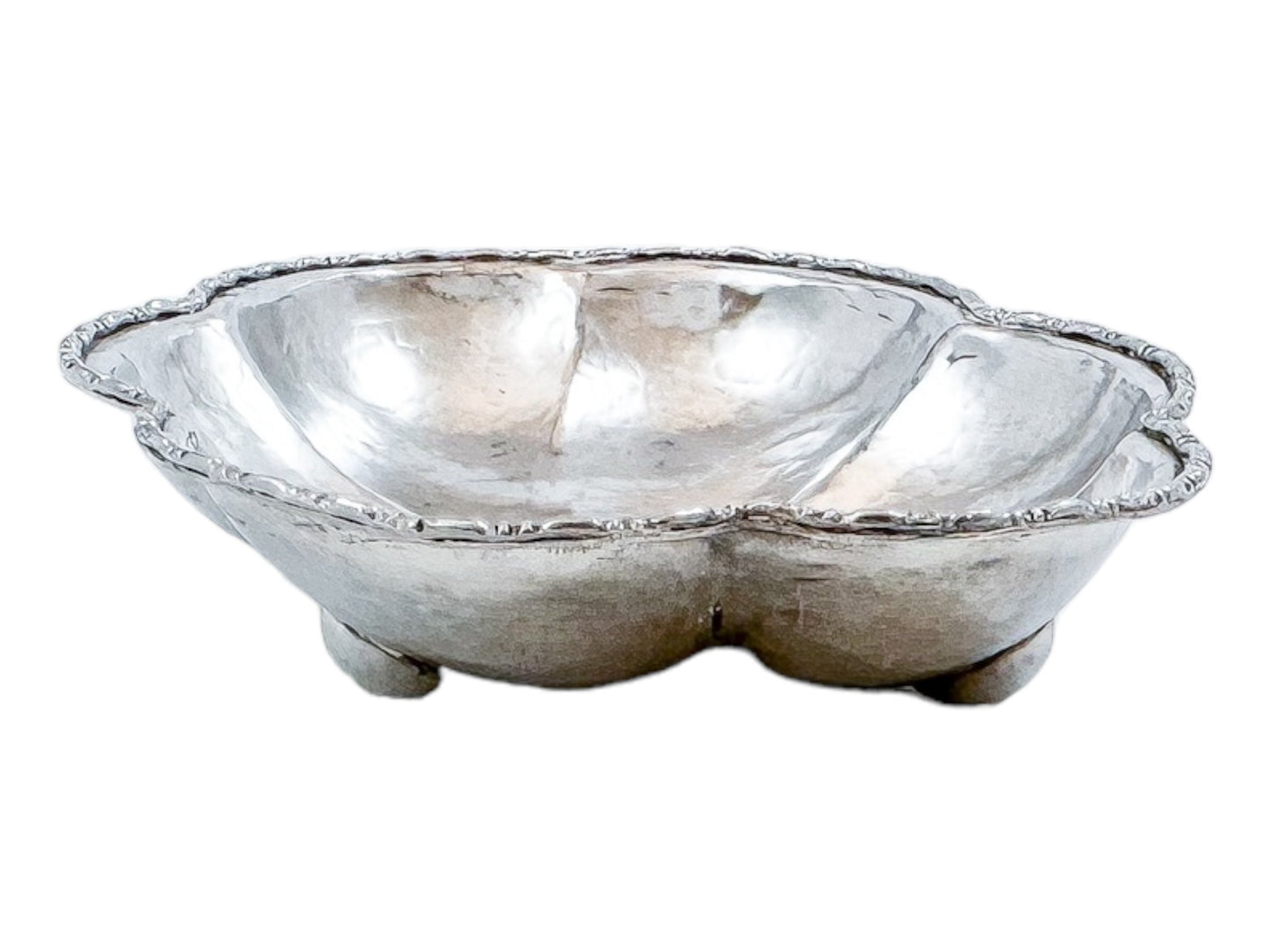 Victorian hand-hammered silver lobed hexagonal sweetmeat bowl / bonbon dish