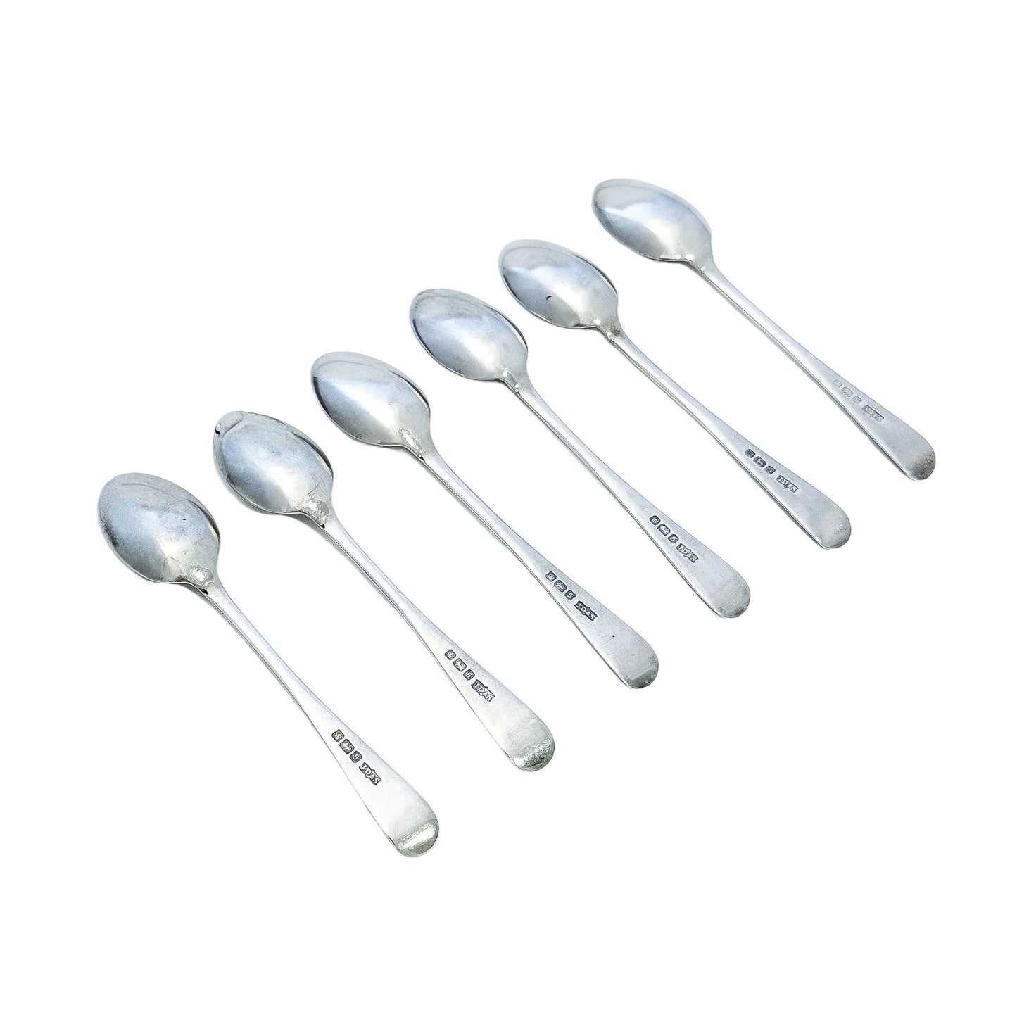 Edwardian cased set of 6 sterling silver tea or coffee spoons with sugar tongs