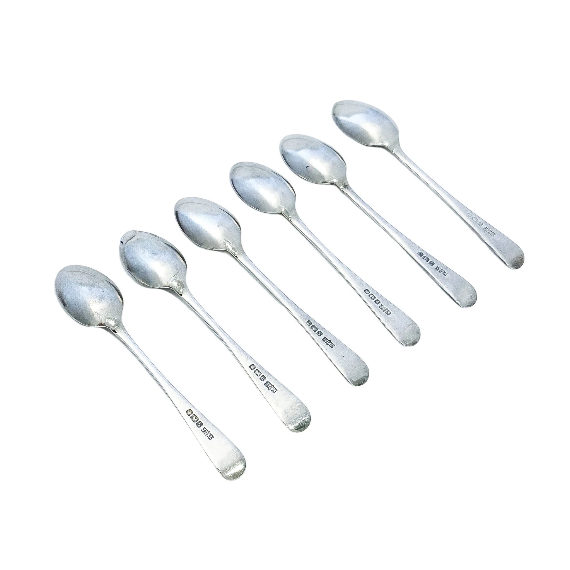Edwardian cased set of 6 sterling silver tea or coffee spoons with sugar tongs
