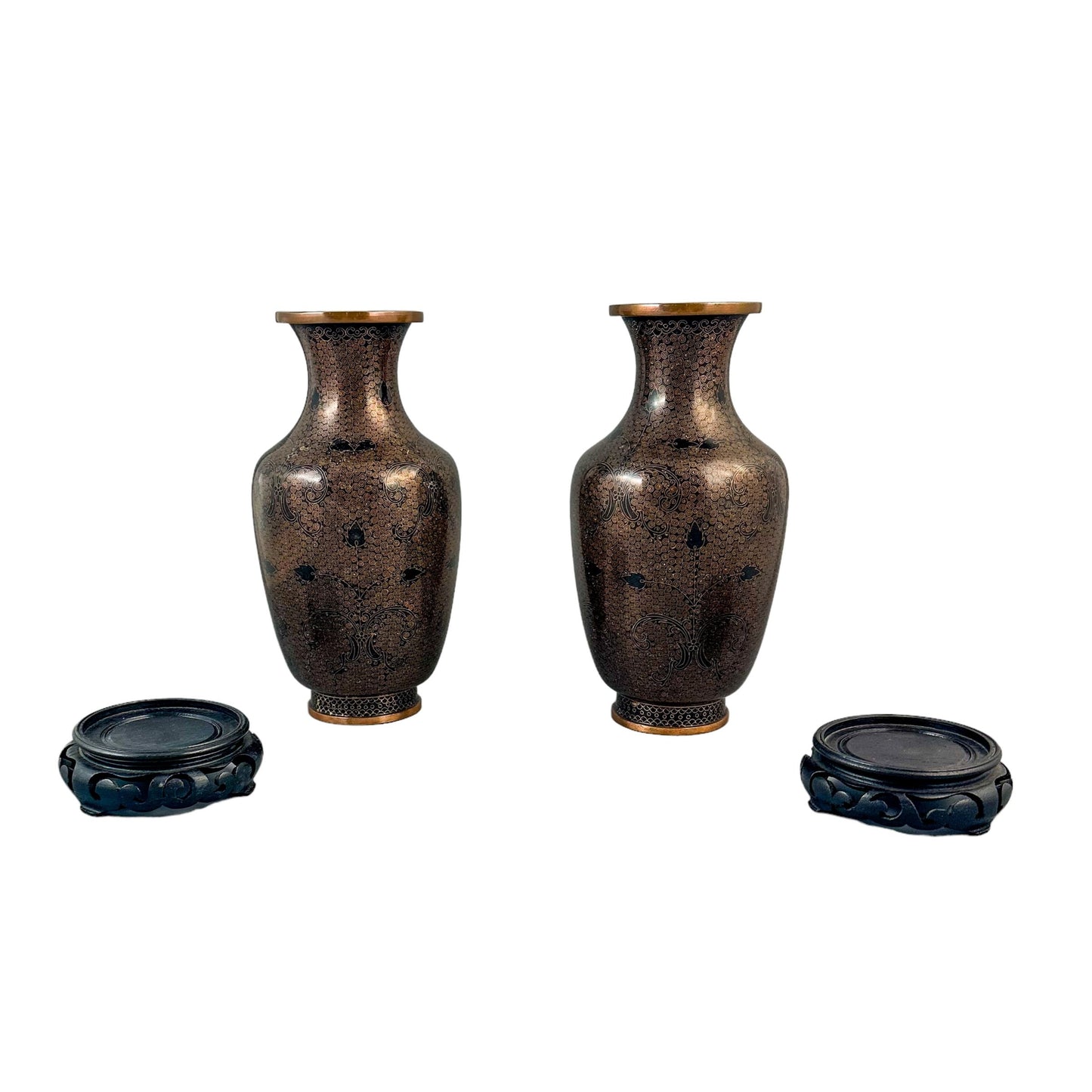 Chinese Qing dynasty pair black brass cloisonné enamel vases on stands