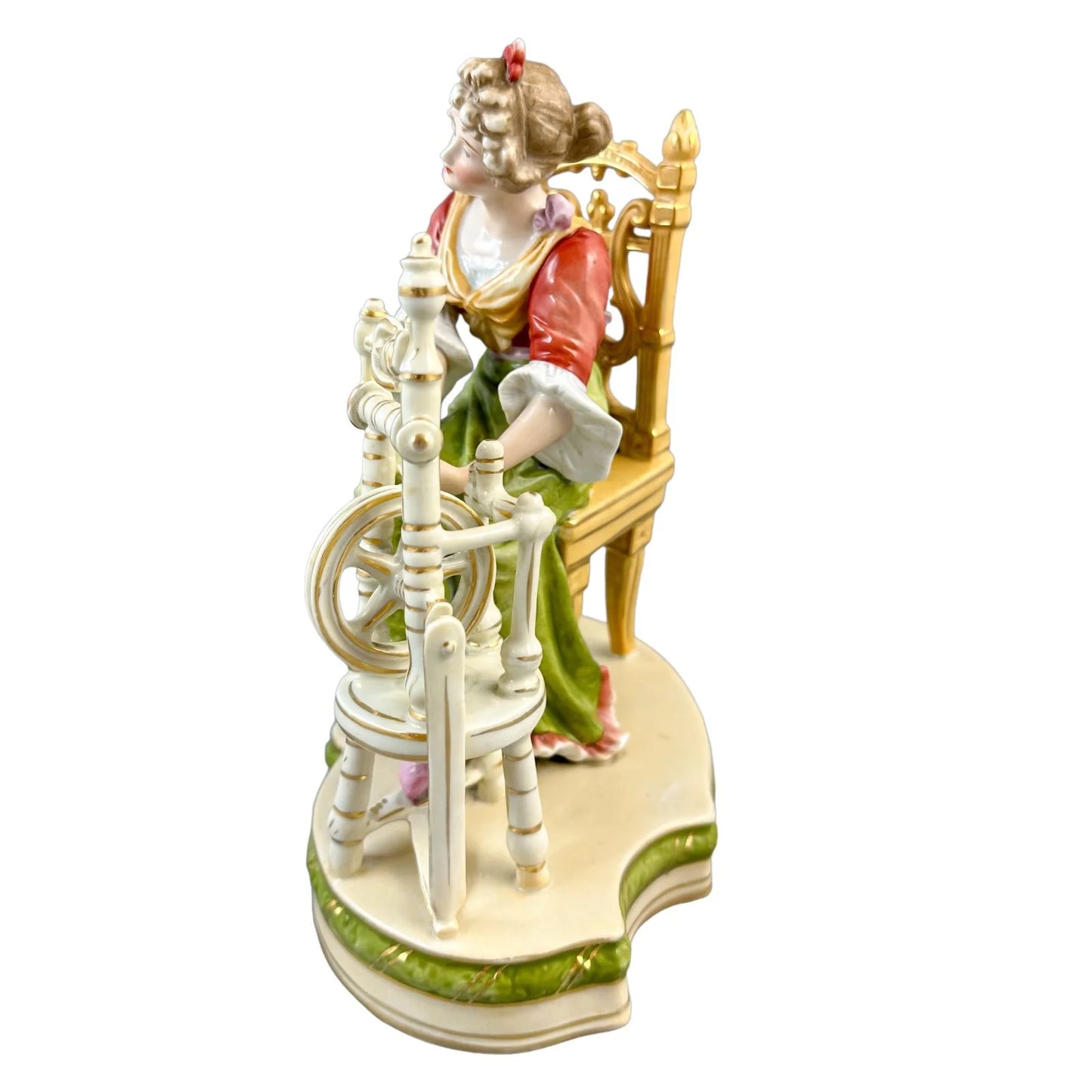 Sitzendorf porcelain figurine, "Woman at Spinning Wheel"