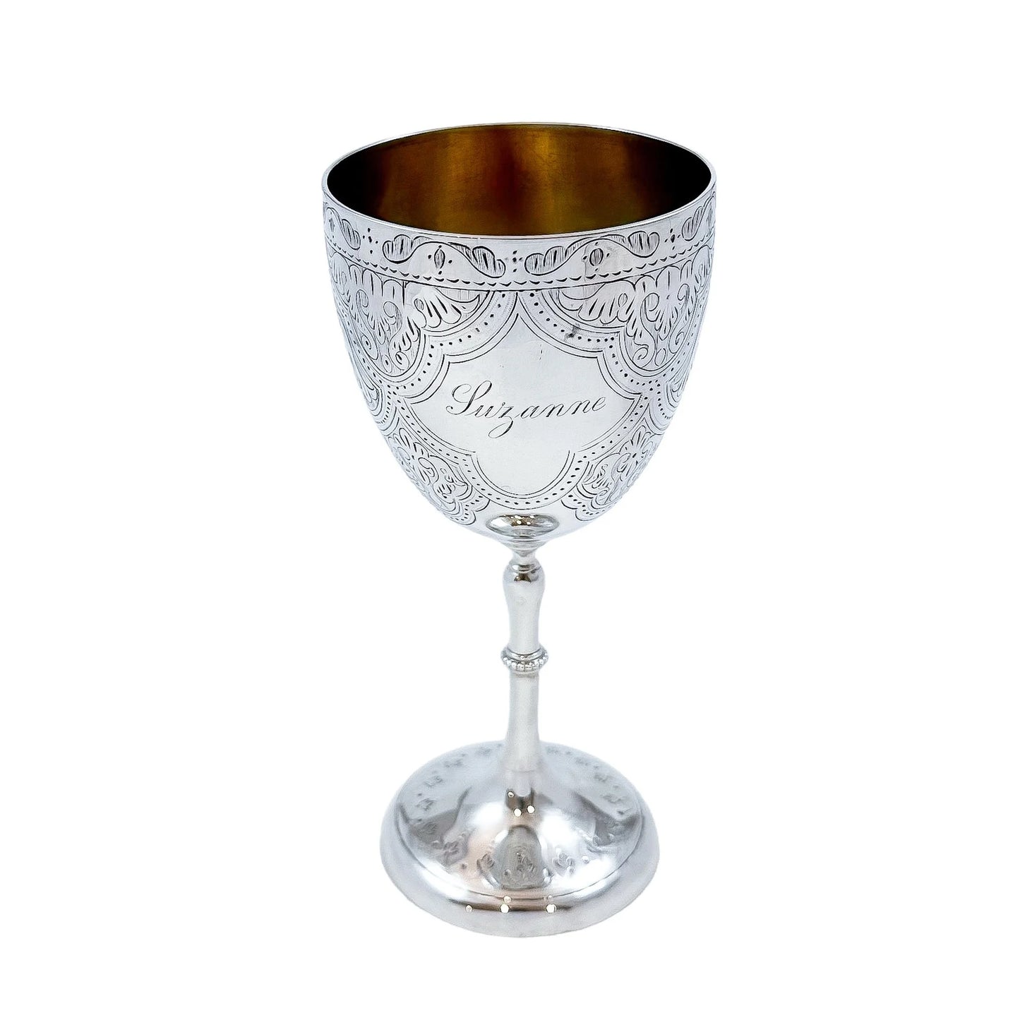 Mid-Victorian sterling silver chalice with arabesque motif, inscribed "Suzanne"