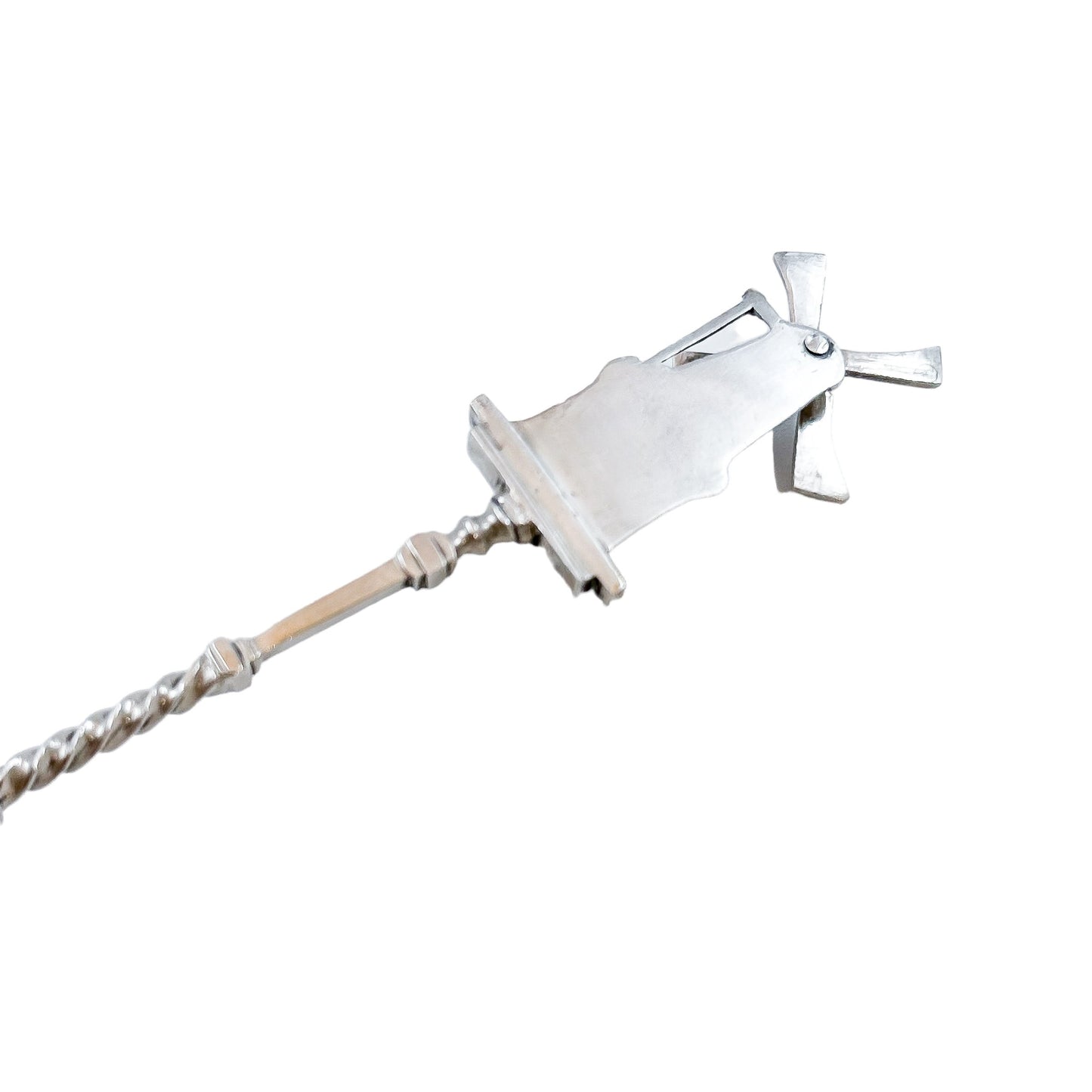 19th century Dutch silver tea strainer spoon with pastoral scene and windmill finial