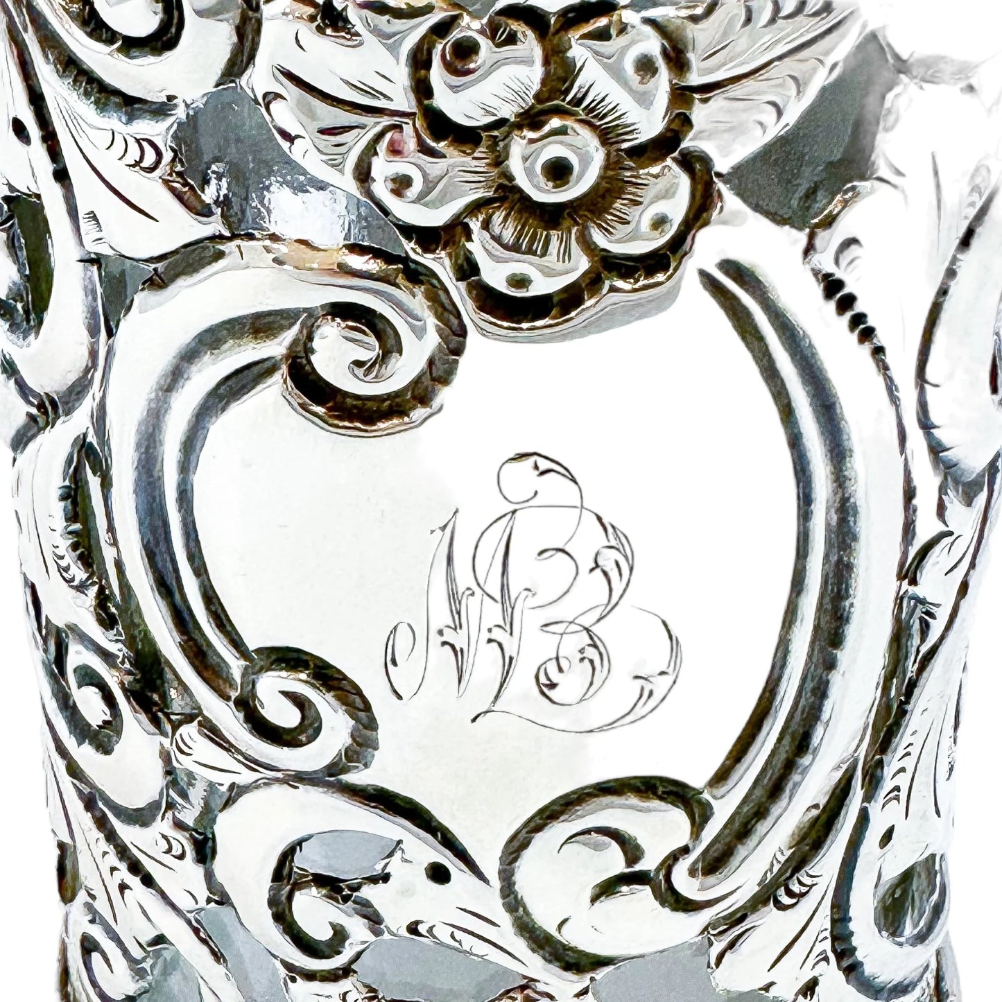 Large Victorian glass perfume scent bottle in Art Nouveau sterling silver pierced sleeve