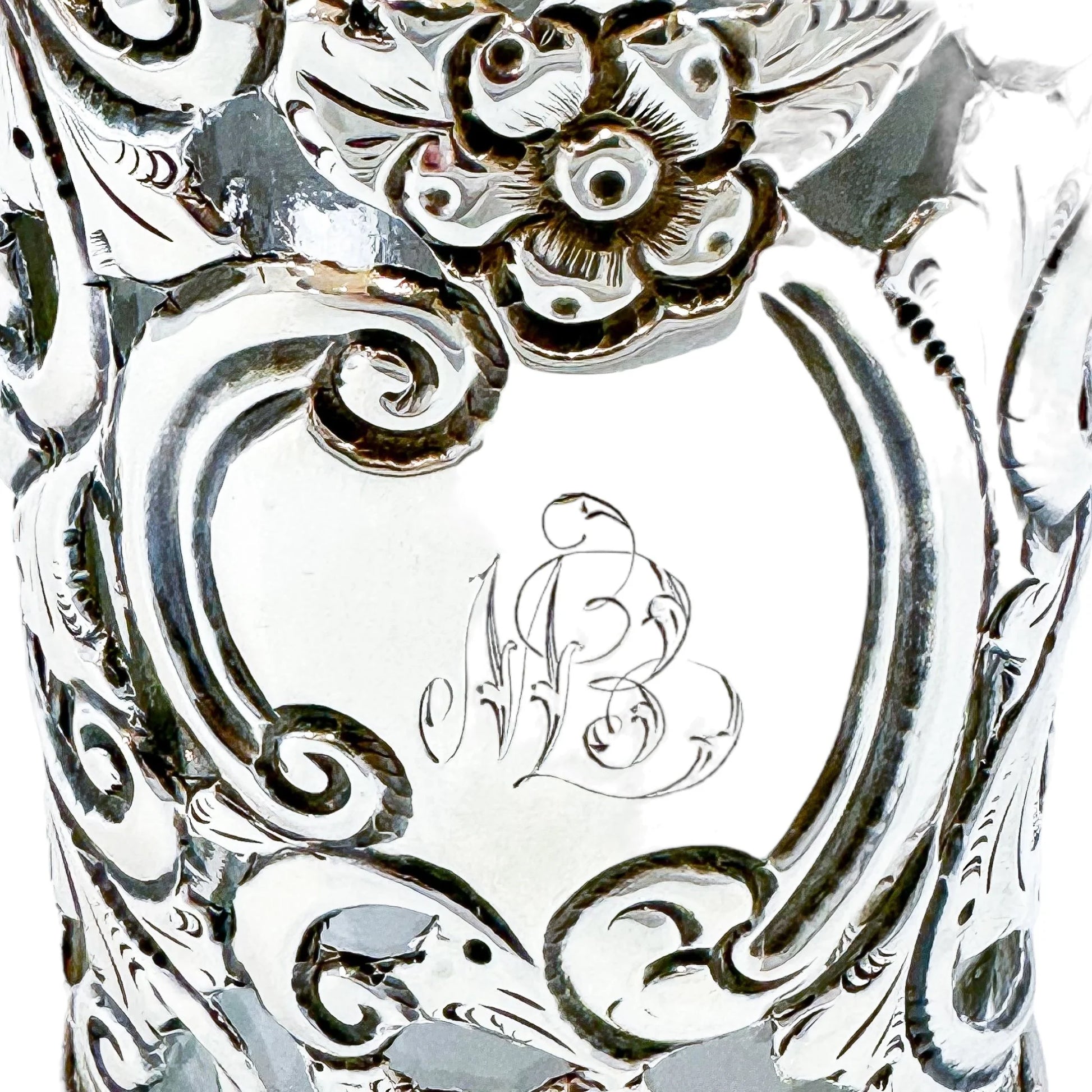 Large Victorian glass perfume scent bottle in Art Nouveau sterling silver pierced sleeve