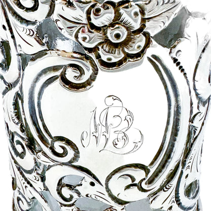 Large Victorian glass perfume scent bottle in Art Nouveau sterling silver pierced sleeve