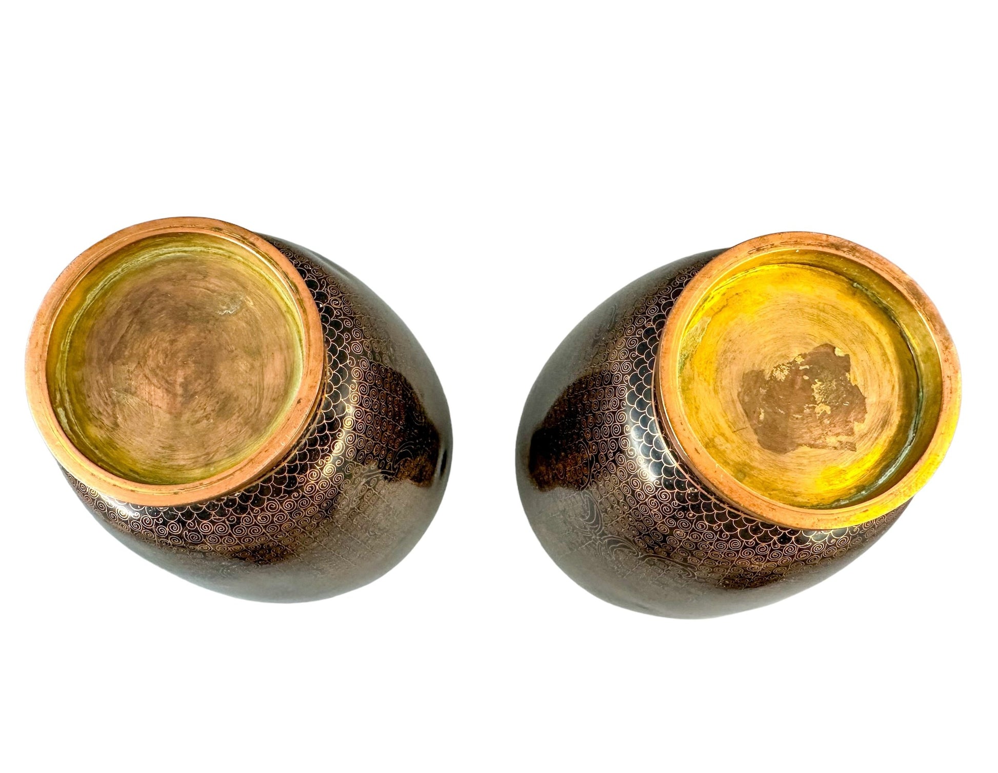 Chinese Qing dynasty pair black brass cloisonné enamel vases on stands