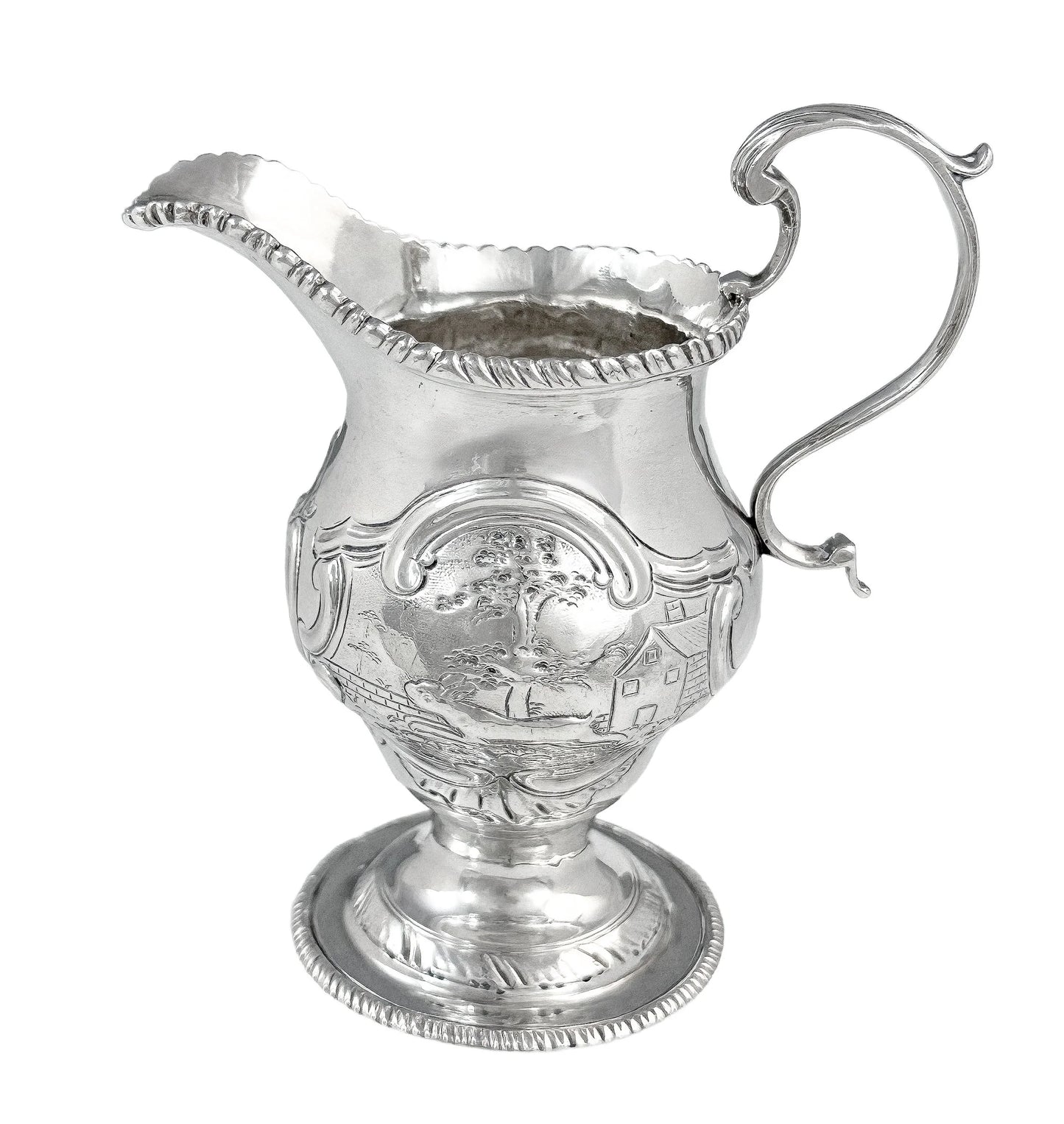 George III sterling milk jug on pedestal foot with hunting scenes, Walter Brind, 1770