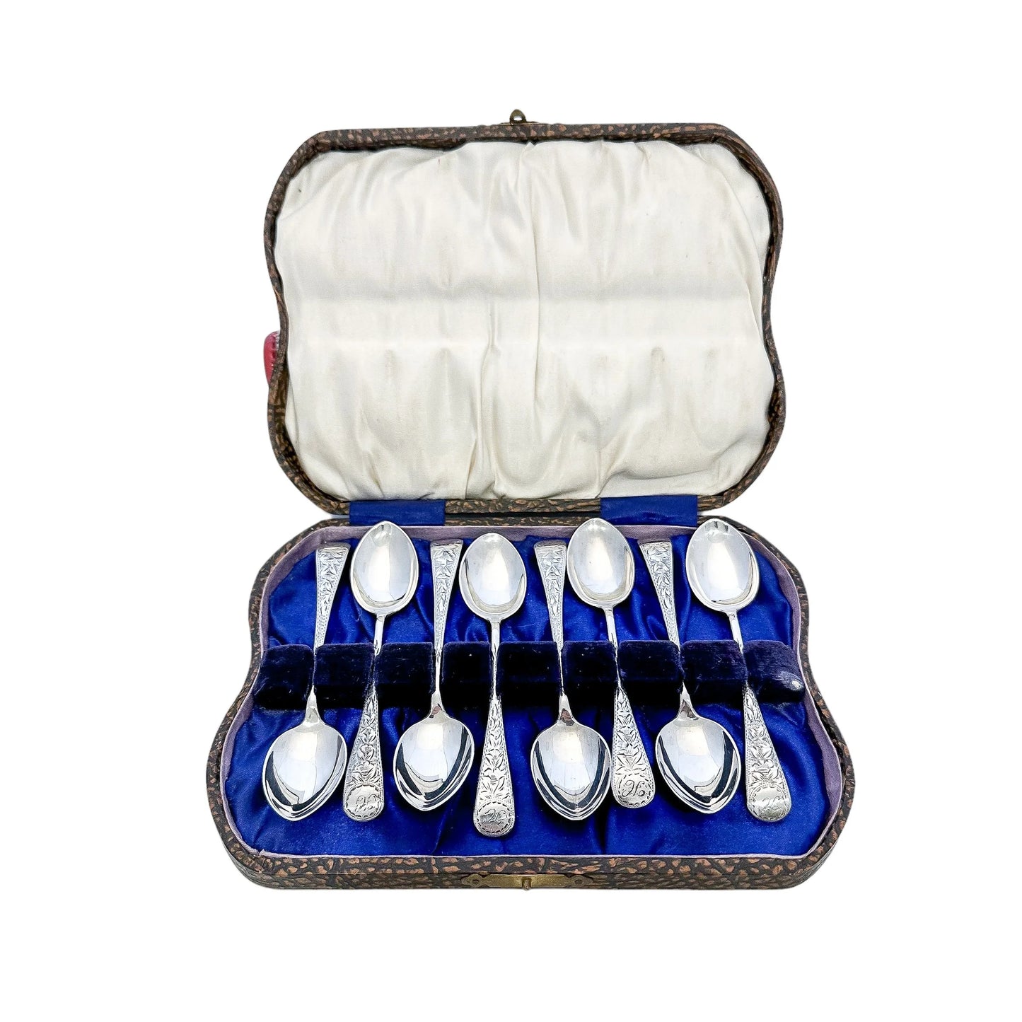 George V cased set of 8 sterling silver tea or coffee spoons, bright cut with flowers
