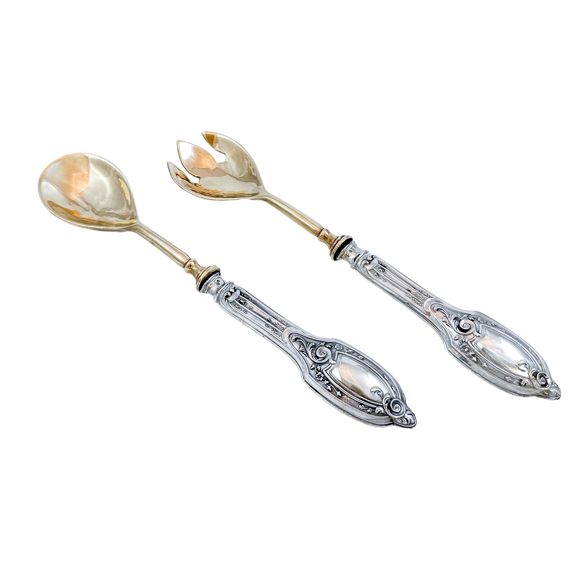Cased 1940's Portuguese silver salad serving fork and spoon in original presentation box