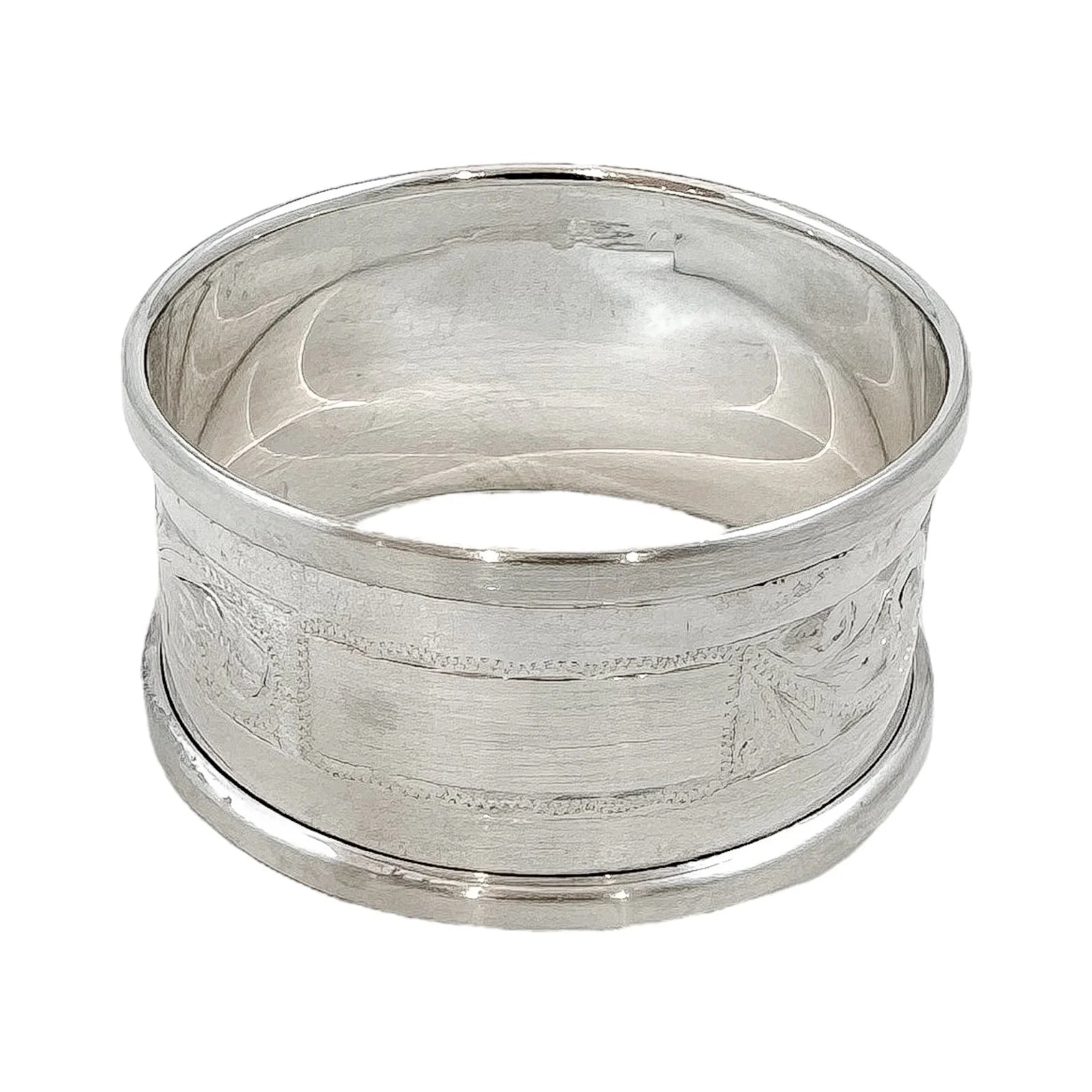 Vintage boxed sterling silver napkin ring with Art Nouveau motif and vacant cartouche