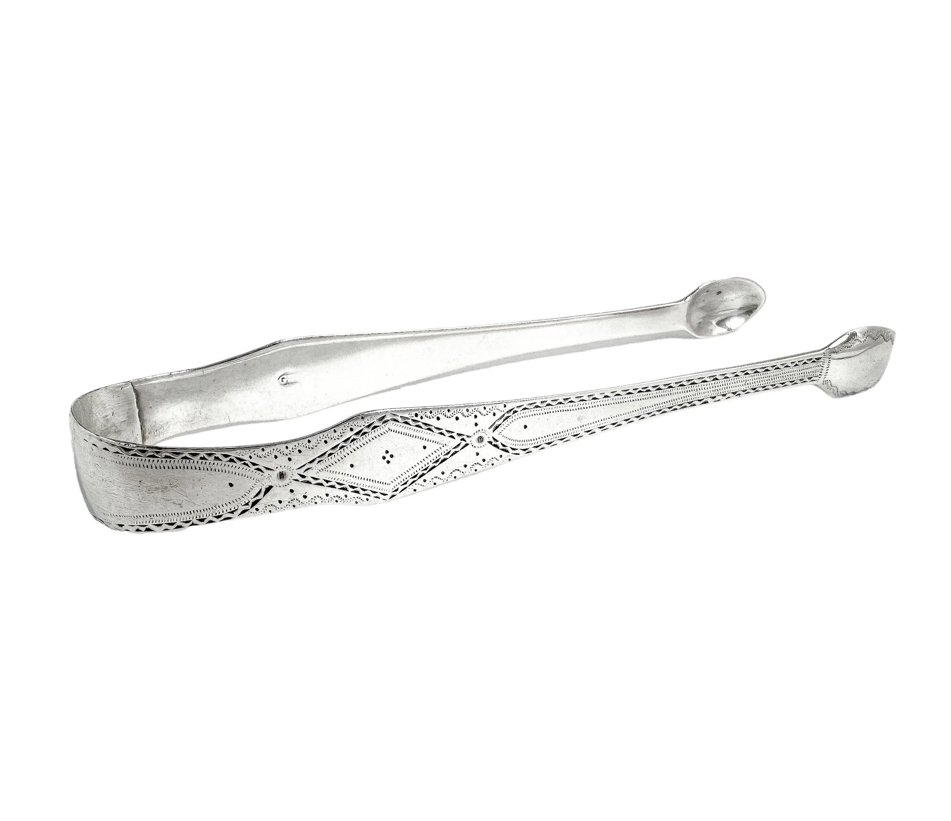 George III sterling silver bright cut sugar tongs