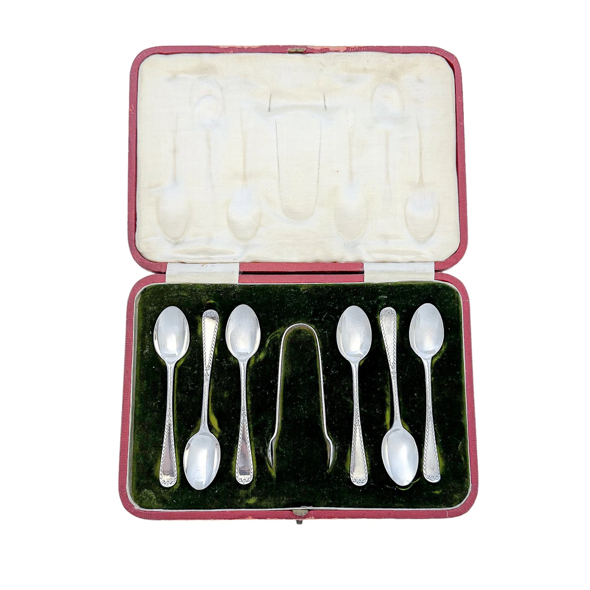 Edwardian cased set of 6 sterling silver tea or coffee spoons with sugar tongs