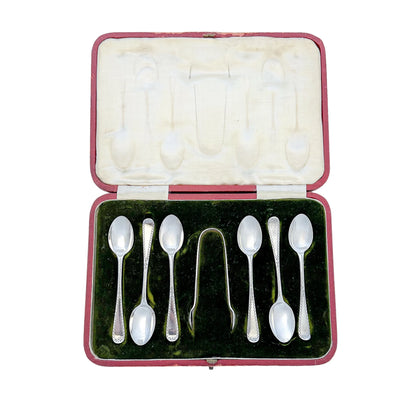 Edwardian cased set of 6 sterling silver tea or coffee spoons with sugar tongs