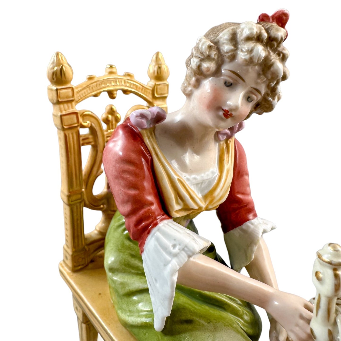 Sitzendorf porcelain figurine, "Woman at Spinning Wheel"
